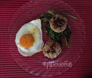 Tuna Patties, fried egg and stir-fried kangkong